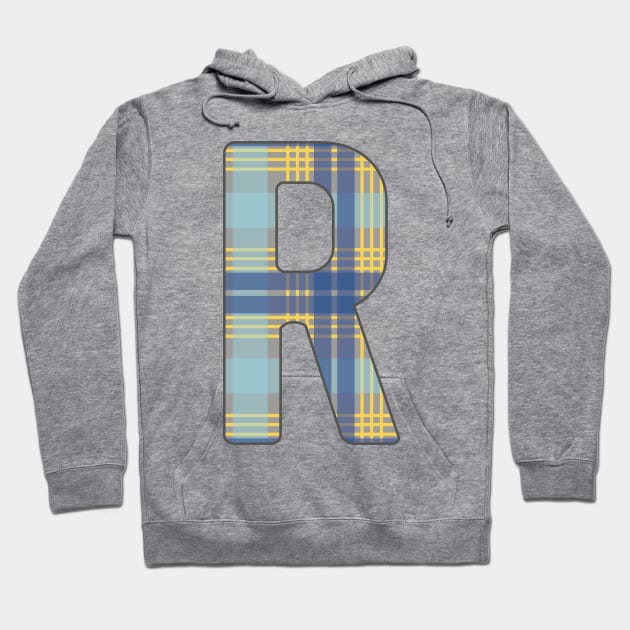 Monogram Letter R, Blue, Yellow and Grey Scottish Tartan Style Typography Design Hoodie by MacPean